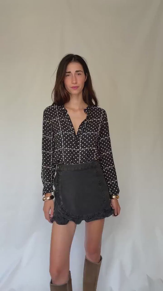 Black and white 100% modal blouse S with roll-up sleeves, preppy lightweight shirt, dot grid top, soft Benetton casual office style
