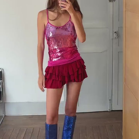 Vintage Y2K Pink Sequin Camisole, Glittery 90s Festival Tank top
