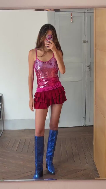 Vintage Y2K Pink Sequin Camisole, Glittery 90s Festival Tank top