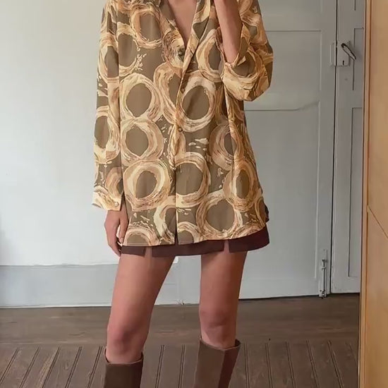 Vintage groovy abstract print summer blouse, oversized fit, breezy and cool, 70s retro vibes,