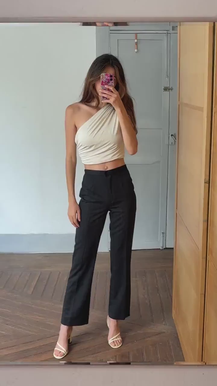Vintage italian black pinstripe trousers,  high waist straight leg pants, Size s