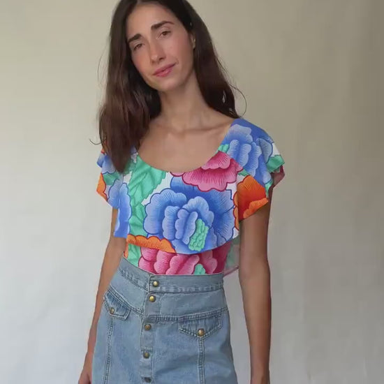 Retro floral one piece swimsuit, scoop neckline, ruffled shoulder overlay, vibrant floral print, M