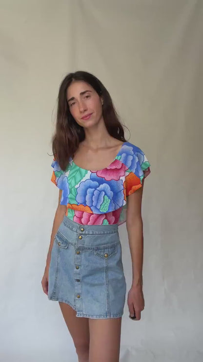 Retro floral one piece swimsuit, scoop neckline, ruffled shoulder overlay, vibrant floral print, M