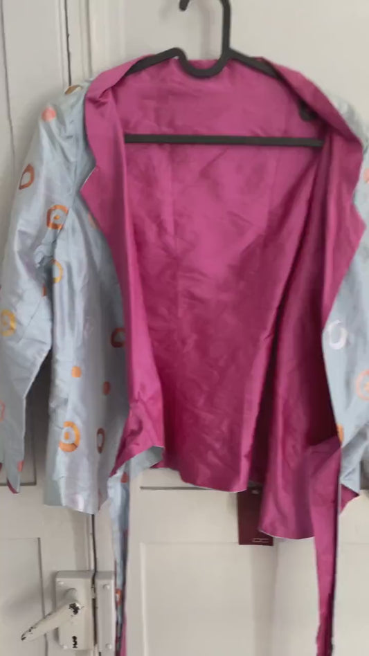 100% silk David Christian Madrid light blue wrap top, wedding guest attire