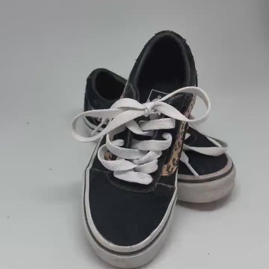 Vans Old Skool Kids Sneakers – US 11.5 – Leopard Print Side Stripe – Black Suede Trainers – Classic Skate Shoes – EU 28