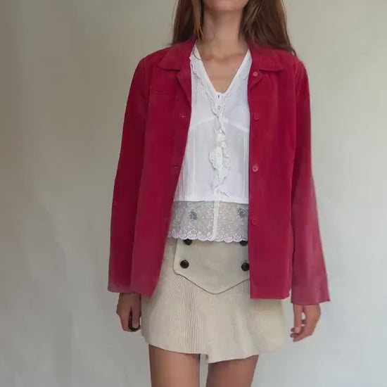 Vintage Dark Red Suede Leather Jacket,  90s Blazer, Button-Up Suede Coat,
