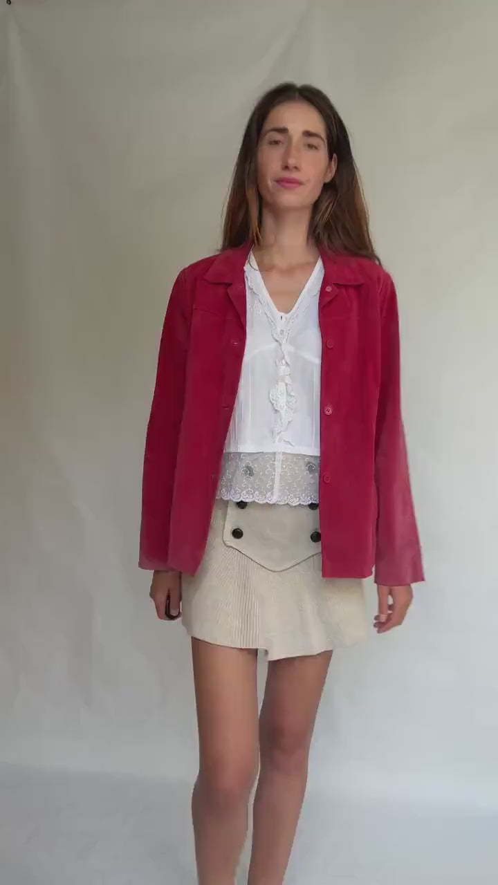Vintage Dark Red Suede Leather Jacket,  90s Blazer, Button-Up Suede Coat,