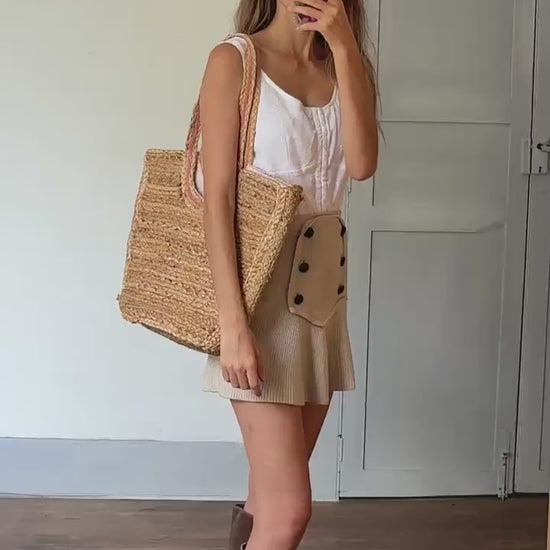 Rattan woven beach bag, Pink and beige large shopper, Market shoulder bag