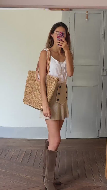 Rattan woven beach bag, Pink and beige large shopper, Market shoulder bag