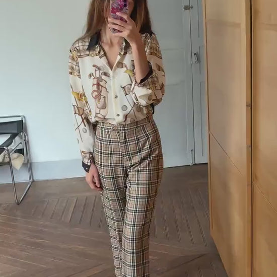 Vintage retro button up shirt, Plaid Floral blouse, Black, beige and gold colourful patterned top, Cute long sleeve summer shirt,