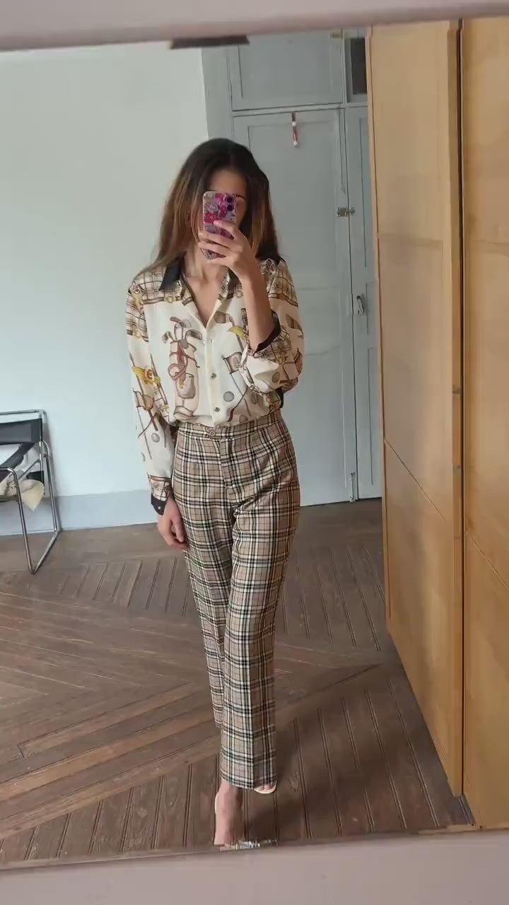 Vintage retro button up shirt, Plaid Floral blouse, Black, beige and gold colourful patterned top, Cute long sleeve summer shirt,