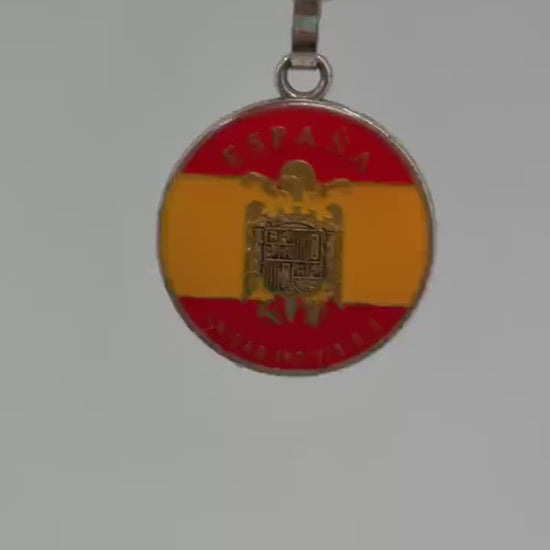 Vintage Spanish Coat of Arms Keychain, silver polished metal, medallion design, patriotic emblem,