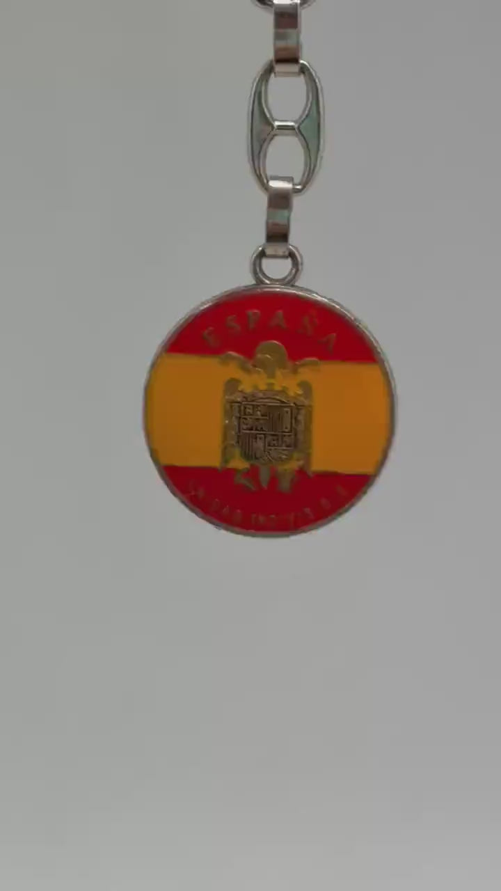 Vintage Spanish Coat of Arms Keychain, silver polished metal, medallion design, patriotic emblem,