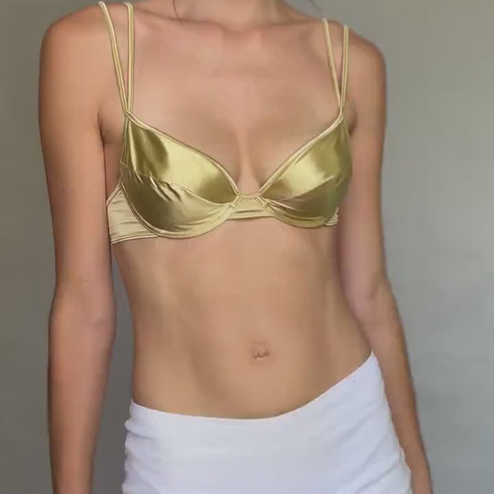 Vintage gold metallic underwire bra, structured fit, metallic sheen, retro 70s vibe, US S, festival statement piece