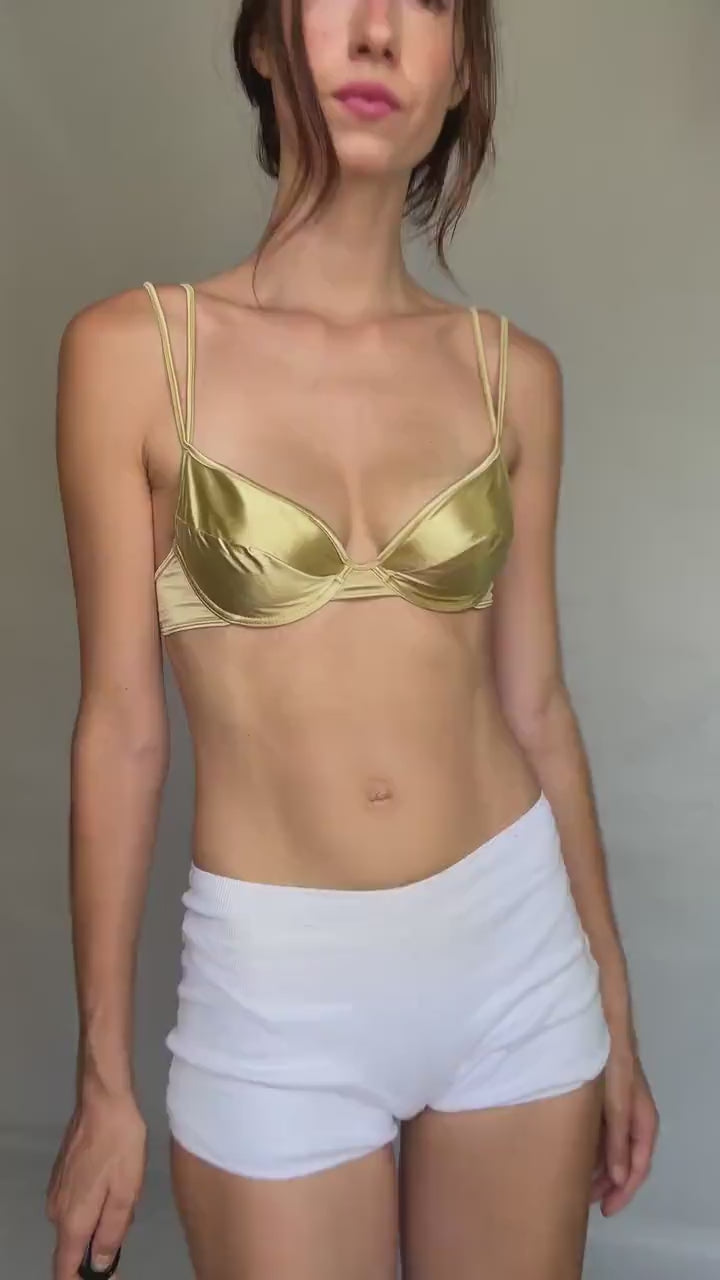 Vintage gold metallic underwire bra, structured fit, metallic sheen, retro 70s vibe, US S, festival statement piece