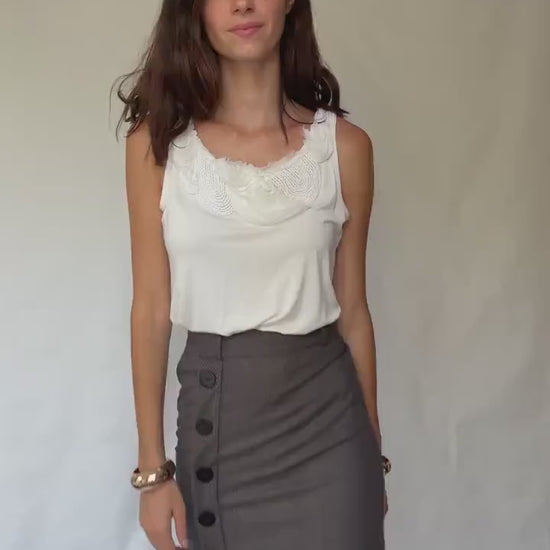 Zendra white camisole top, cotton feel, flowy fit, floral applique neckline, romantic chic, EU 46, casual everyday