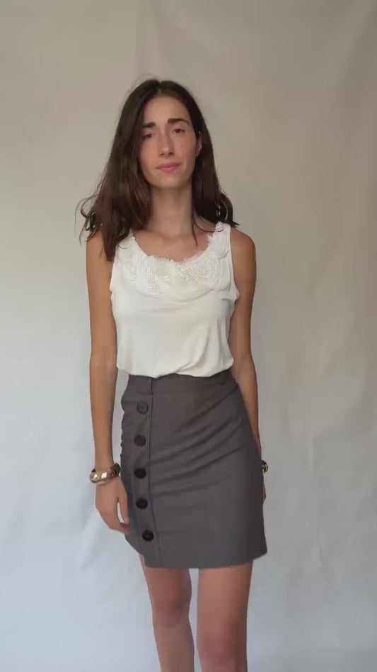 Zendra white camisole top, cotton feel, flowy fit, floral applique neckline, romantic chic, EU 46, casual everyday