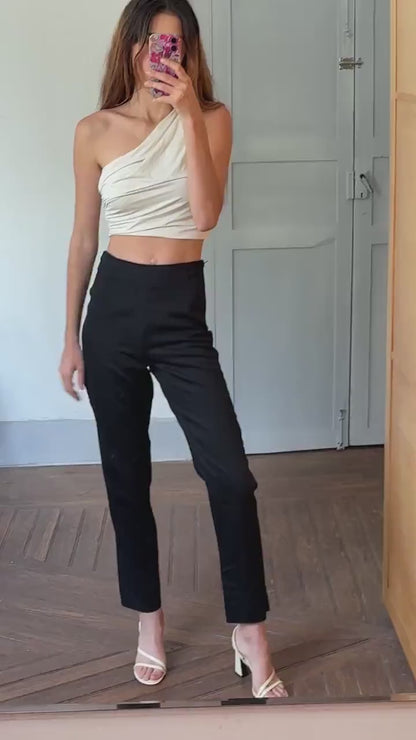 Vintage  wool luxury trousers, Black high waist Italian designer pants, Made in Italy