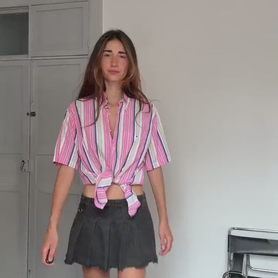 Vintage Lacoste Striped Shirt – Colourful Unisex Preppy Cotton Button-Up, Rainbow pink cheerful oversized summer clothing,  Size 40 - M - L