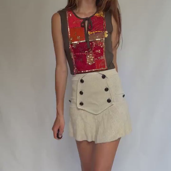 Boho k2 sleeveless top with handmade sequin patchwork, brown stretch tank made in Italy, soft viscose blend, artisan hippie style