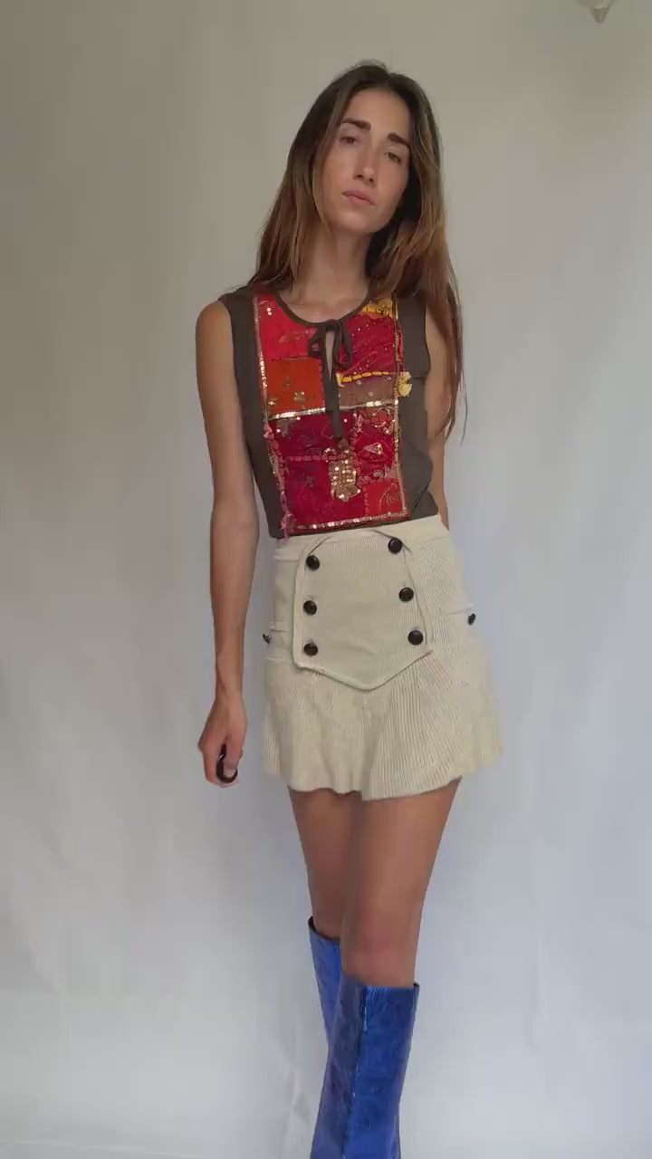 Boho k2 sleeveless top with handmade sequin patchwork, brown stretch tank made in Italy, soft viscose blend, artisan hippie style