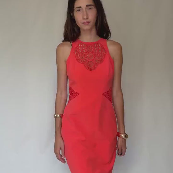 Karen Millen coral lace panel bodycon, Size US8 EU40, elegant sleeveless cocktail outfit, Luxury designer clothing, feminine pencil dress