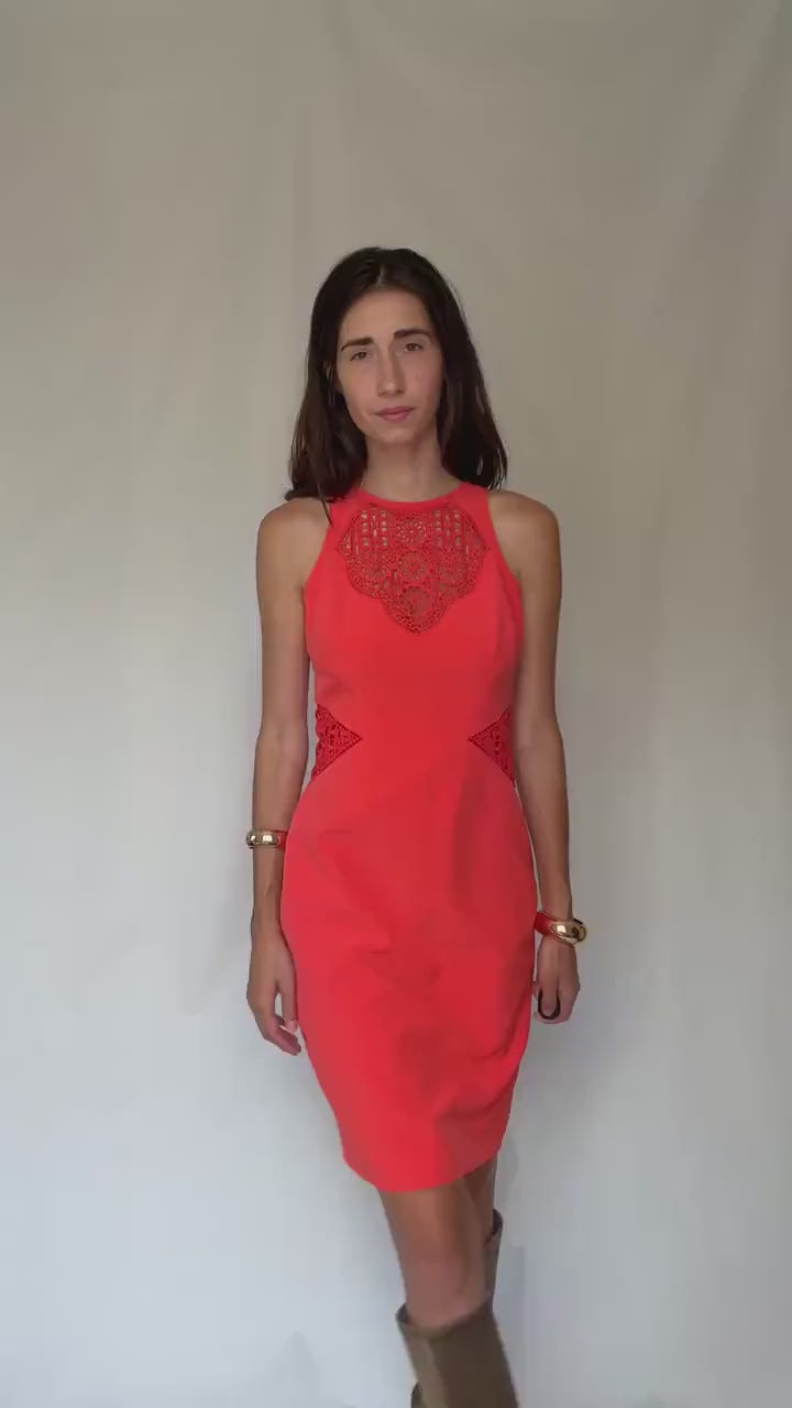 Karen Millen coral lace panel bodycon, Size US8 EU40, elegant sleeveless cocktail outfit, Luxury designer clothing, feminine pencil dress