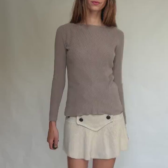 Massimo Dutti taupe brown long, sleeve top, 100% cotton, slim fit, ribbed texture, minimalist, US S, versatile layering piece