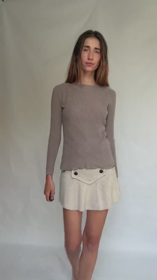 Massimo Dutti taupe brown long, sleeve top, 100% cotton, slim fit, ribbed texture, minimalist, US S, versatile layering piece