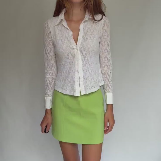 Lace white fitted blouse by Bernardi Collection – vintage size 42 – long sleeve button-up with collar and sheer outer layer