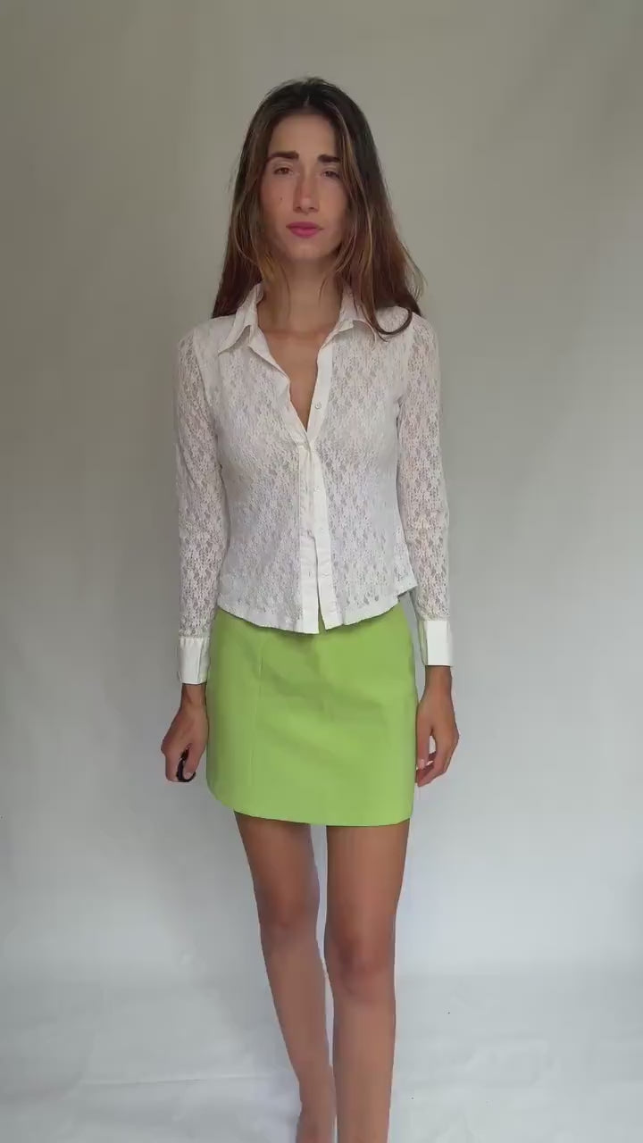 Lace white fitted blouse by Bernardi Collection – vintage size 42 – long sleeve button-up with collar and sheer outer layer