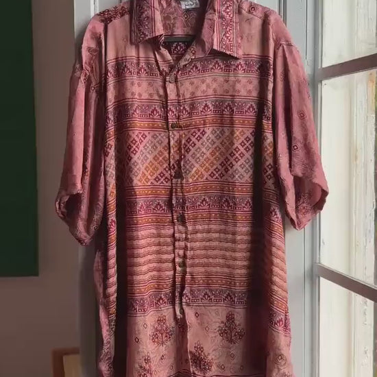 Vintage 100 % silk men button down shirt, Floral summer Bohemian shirt, Size L