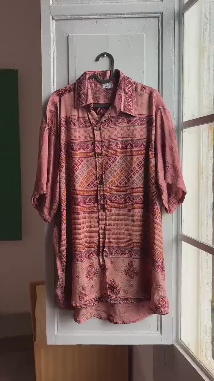 Vintage 100 % silk men button down shirt, Floral summer Bohemian shirt, Size L