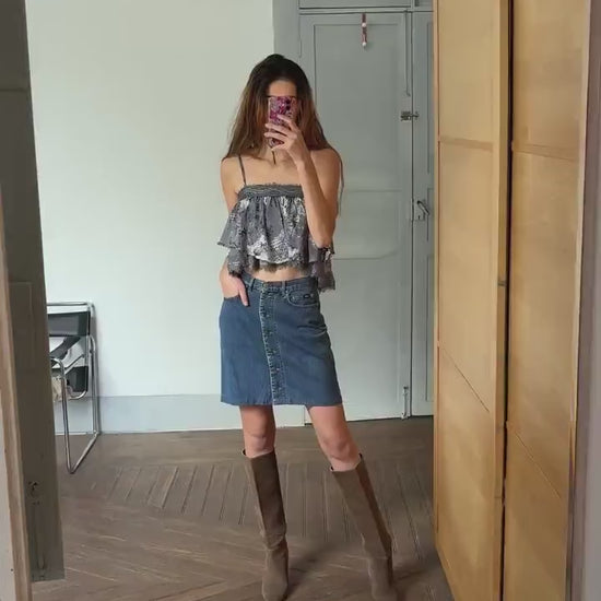 Silk and cotton crop peplum top, Playful grey spaghetti brand camisole, Lace Boho Chic summer shirt, S