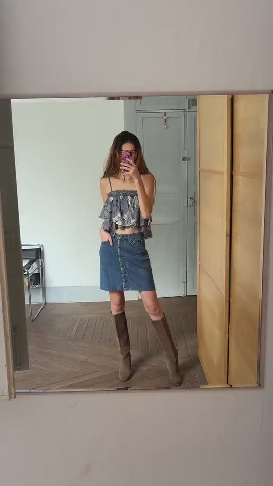 Silk and cotton crop peplum top, Playful grey spaghetti brand camisole, Lace Boho Chic summer shirt, S