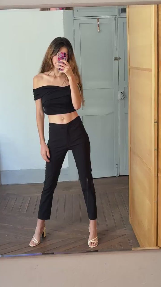 Vintage black mid waist trousers, Basic girl simple retro stretchy pants