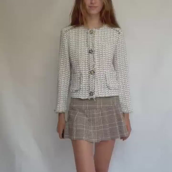 Elegant tweed-style cropped jacket with floral crystal buttons, cream check pattern, lined, 2 front pockets, classic fit
