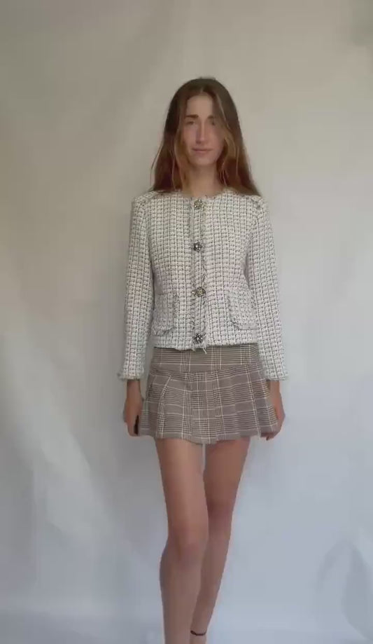 Elegant tweed-style cropped jacket with floral crystal buttons, cream check pattern, lined, 2 front pockets, classic fit