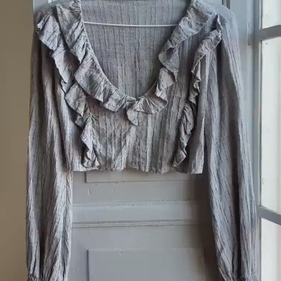 Grey Ruffle Crop Top, Romantic Boho Blouse, Prairie Long Sleeve shirt,  Feminine Lightweight Womens S - M