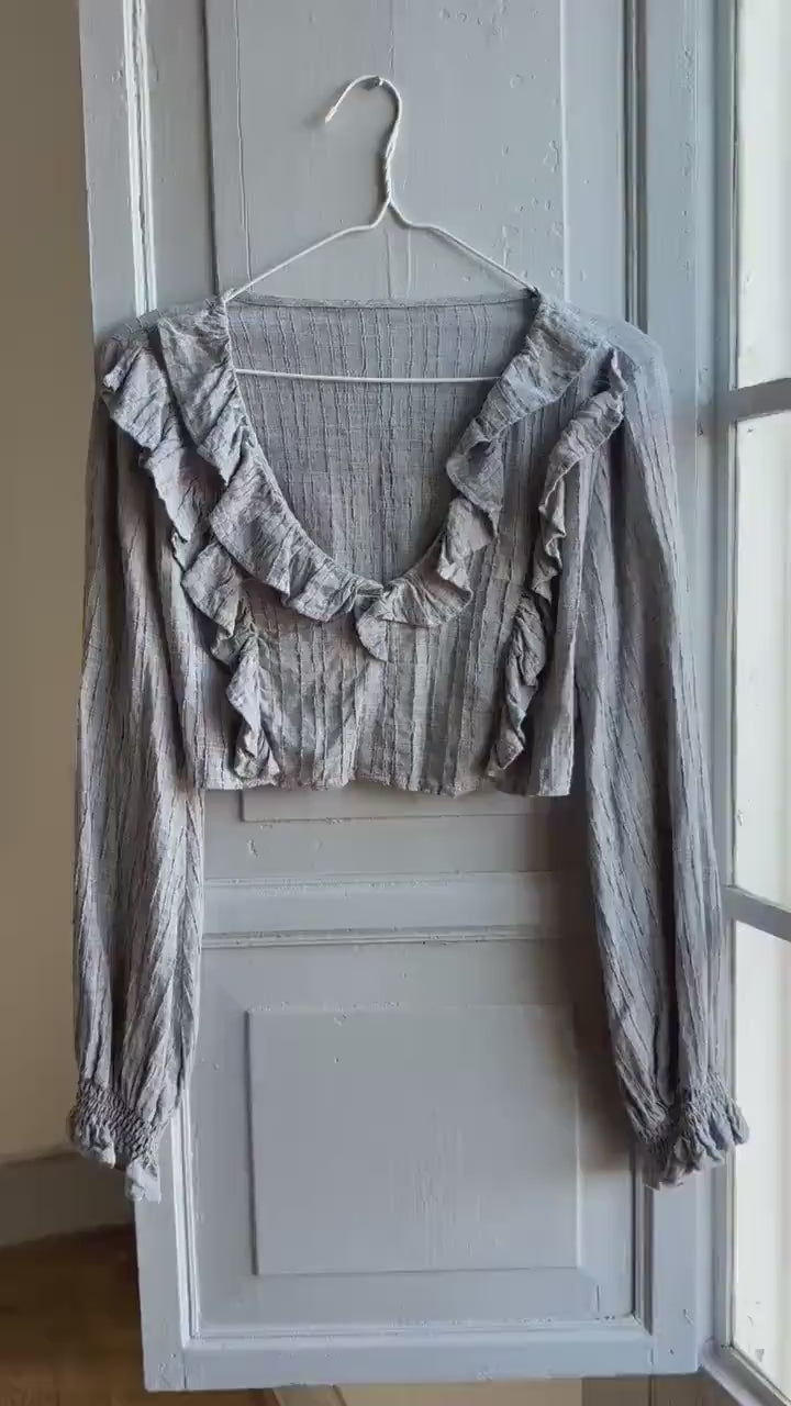 Grey Ruffle Crop Top, Romantic Boho Blouse, Prairie Long Sleeve shirt,  Feminine Lightweight Womens S - M