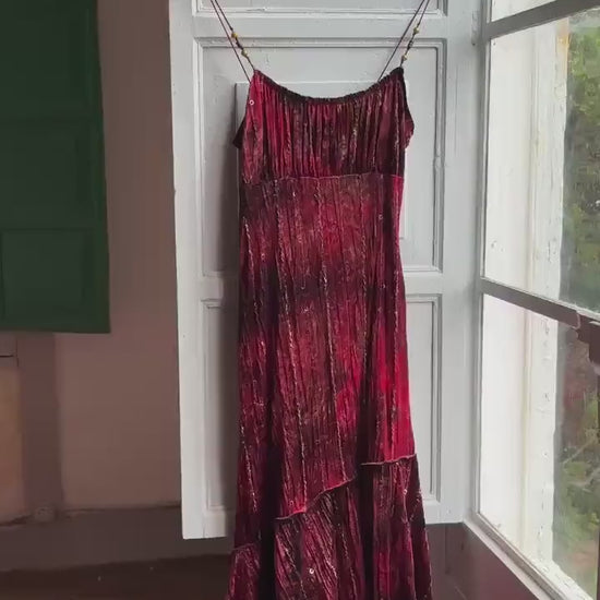 Vintage Red Velvet Sequin Midi Dress Made in Spain, Gothic Romantic Fairycore, Dark Academia, Asymmetrical Hem Slip Dress
