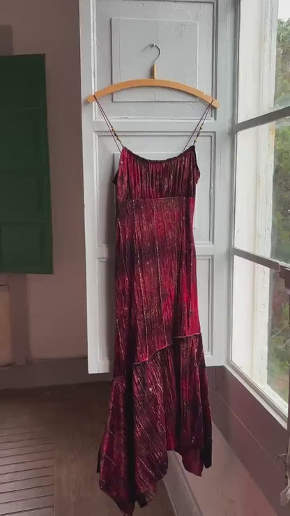 Vintage Red Velvet Sequin Midi Dress Made in Spain, Gothic Romantic Fairycore, Dark Academia, Asymmetrical Hem Slip Dress