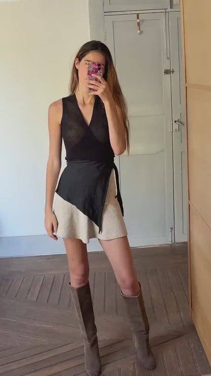 Vintage Sarah Pacini Black Linen Blend Camisole, Asymmetric Designer Top, Branded Knitwear,