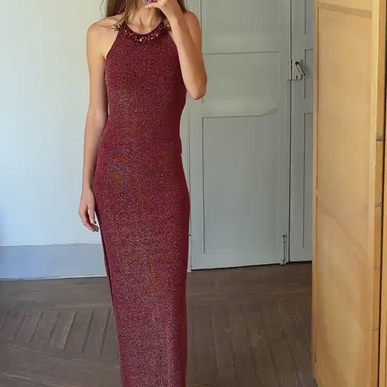 Gorgeous red sparkly long dress, Vintage elegant red maxi dress, high neck open back valentines day outfit, Luxury summer dress, S