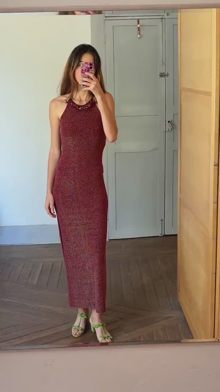 Gorgeous red sparkly long dress, Vintage elegant red maxi dress, high neck open back valentines day outfit, Luxury summer dress, S