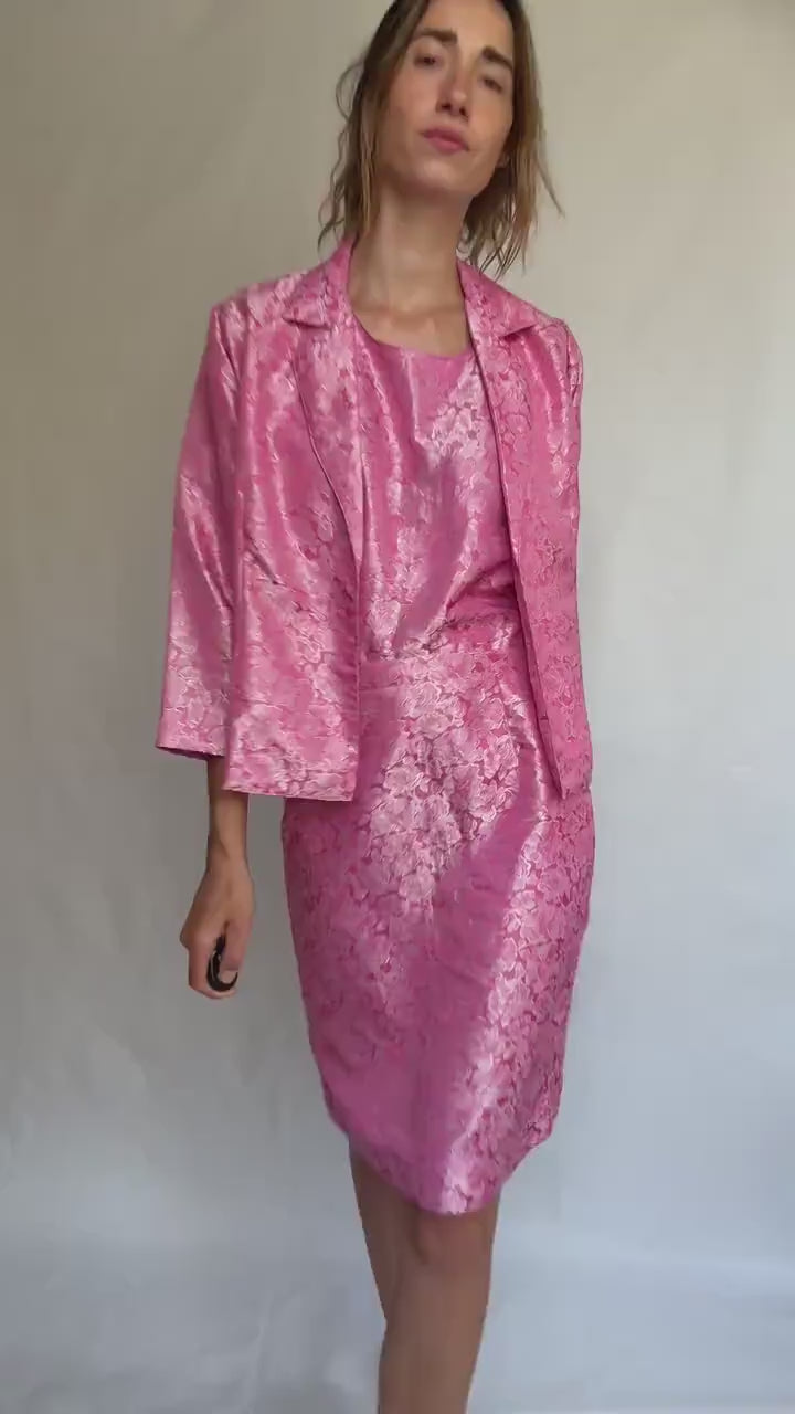 Vintage Pink Brocade Set – Handmade Spanish Skirt Top Jacket Suit – Barbie core office outfit, Size M-L