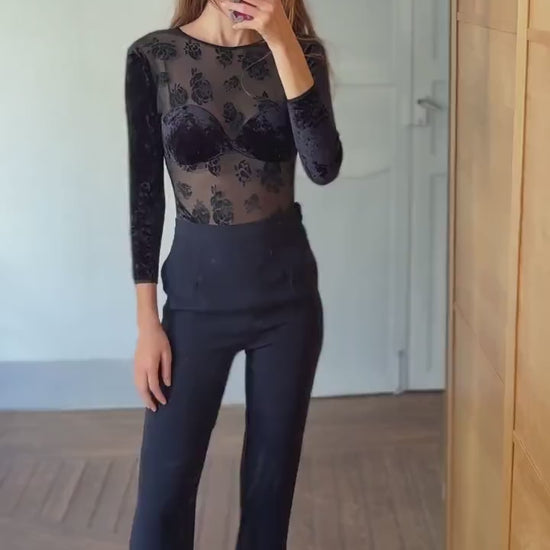 Vintage sheer velvet bodysuit, floral mesh see-through, long sleeve, black Made in Italy, sexy fitted body, size S, elegant ocassion