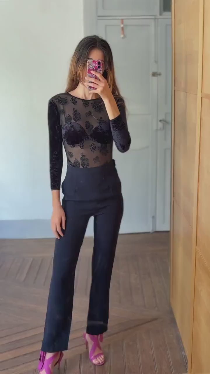 Vintage sheer velvet bodysuit, floral mesh see-through, long sleeve, black Made in Italy, sexy fitted body, size S, elegant ocassion