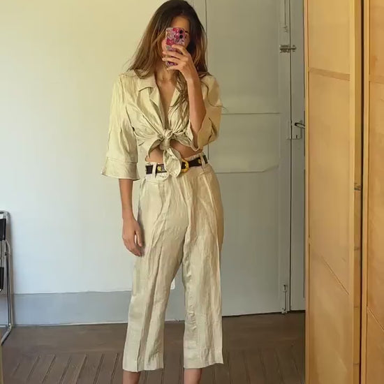 Vintage Paz Torras designer fashion two piece. Glitter sand  linen set. Skirt and pants luxury Wedding guest outfit, Size XXL