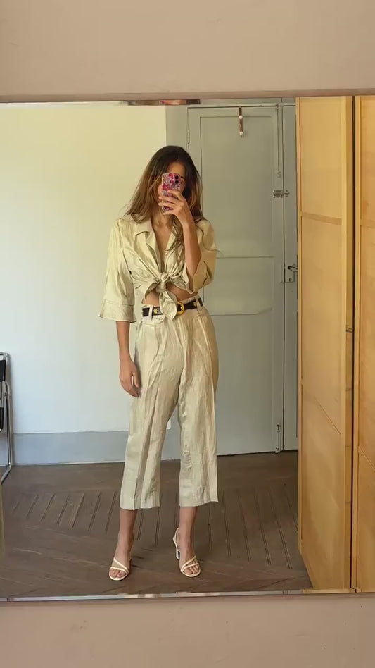 Vintage Paz Torras designer fashion two piece. Glitter sand  linen set. Skirt and pants luxury Wedding guest outfit, Size XXL